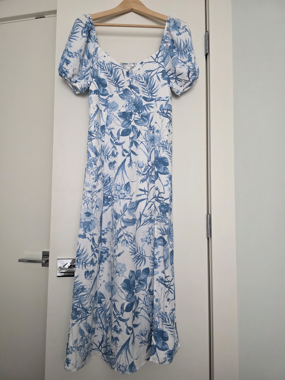 Blu Pepper White Midi Dress with Blue Floral Print and Puff Sleeves